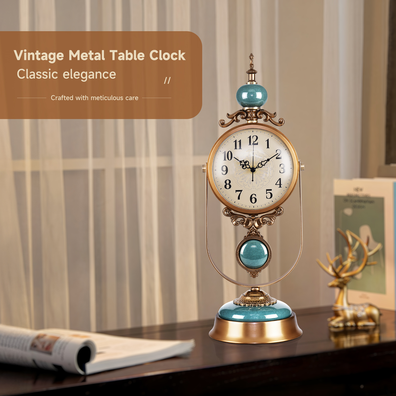 2 Vintage Metal Table Clock, Silent Operation, Gold and Brown, Battery Powered Desk Clock with Antique Design, 12 Inches - 图片 1