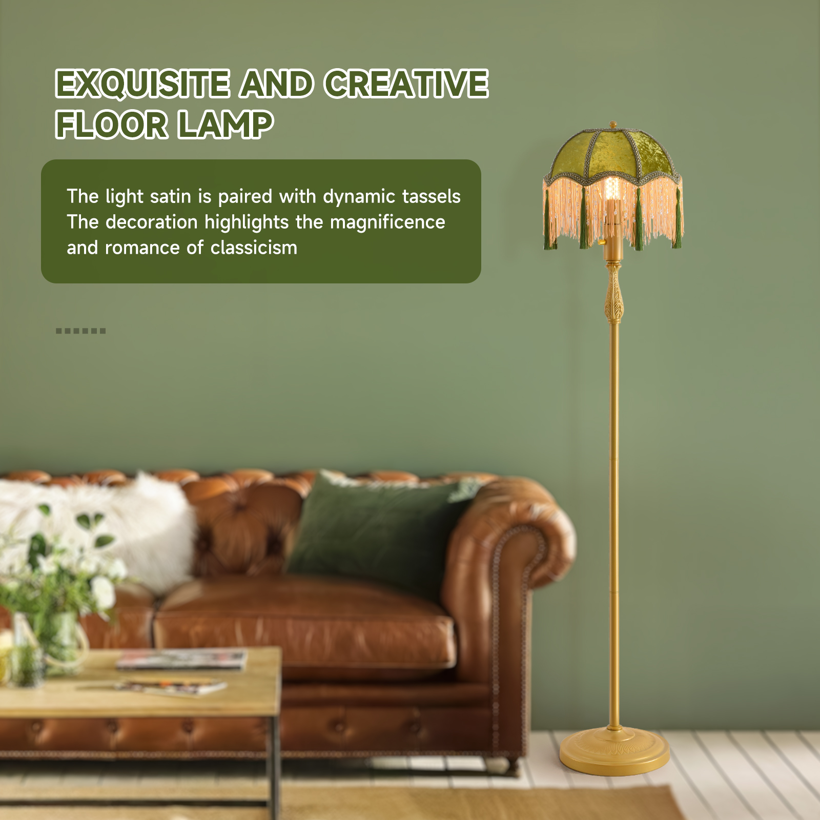 2 Vintage Floor Lamp with Green Tasseled Shade, Gold Stand, Retro Style Living Room Lighting - 图片 1