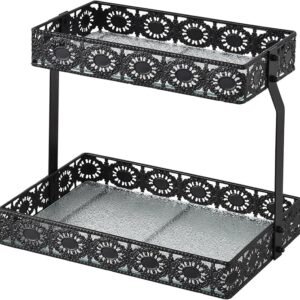 xiaojuande-Two Layer Glass Storage Tray with Portable Dressing Table Skin Care Product Organization Rack Corner Storage Rack for Bathroom Counter High-end Light - (Black)